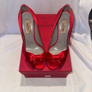 Valentino Red Satin Heels with Bow